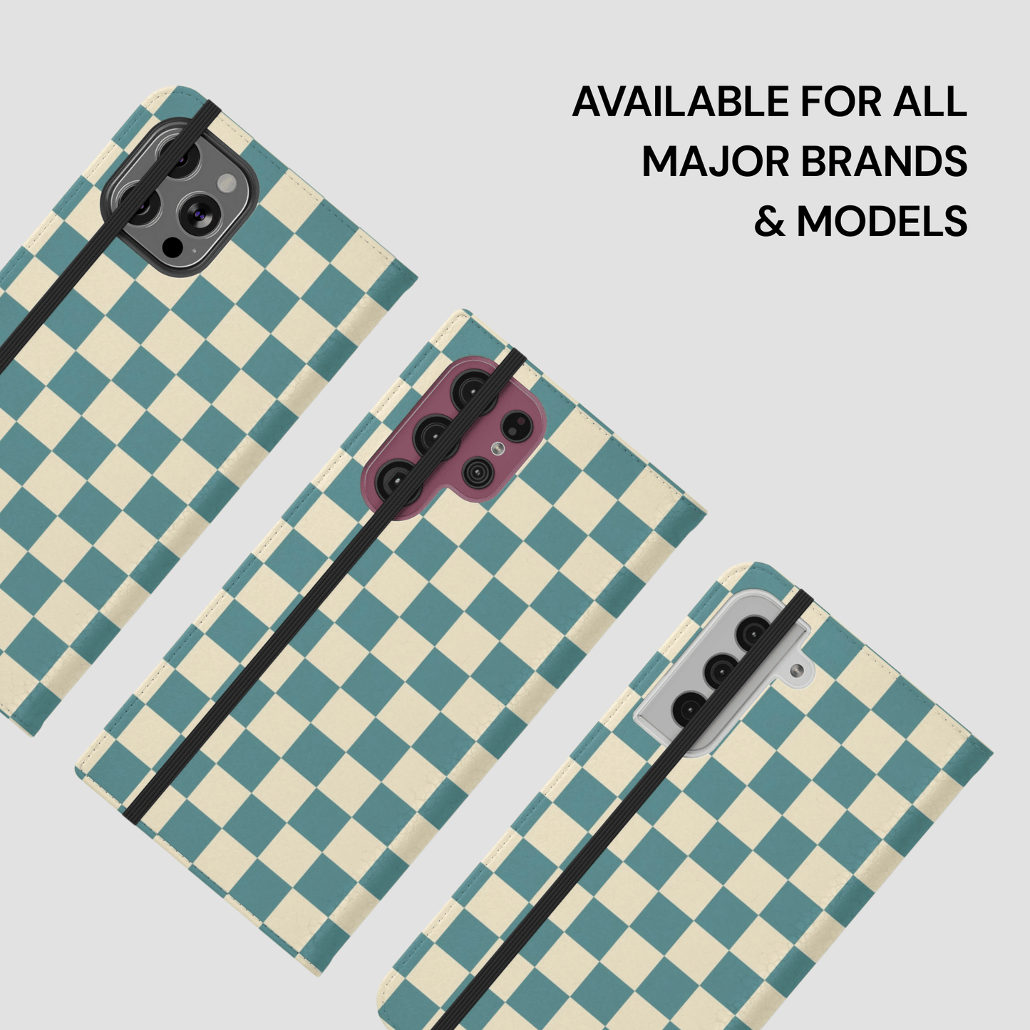 Checkered phone case with text 'Available for all major brands & models' on a light gray background
