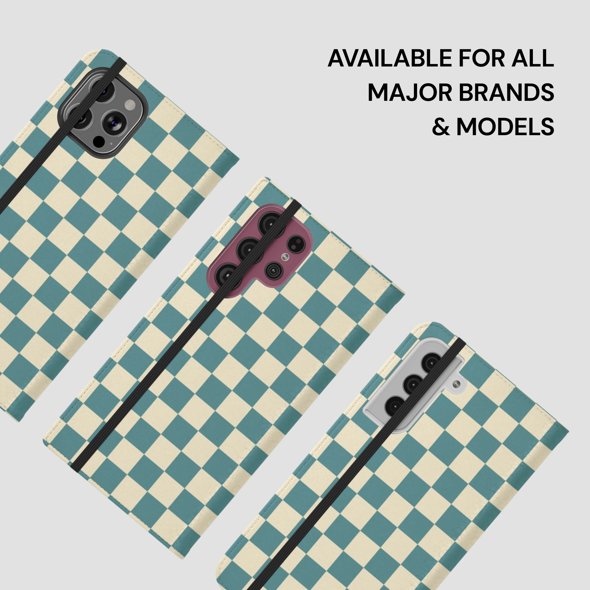 Checkered phone case with text 'Available for all major brands & models' on a light gray background