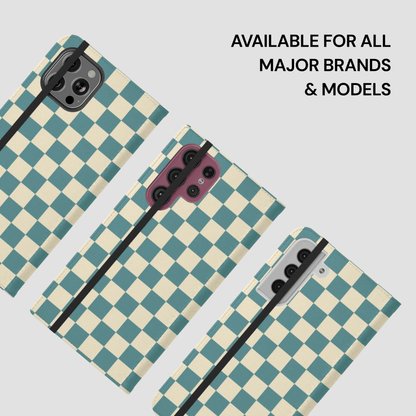 Checkered phone case with text 'Available for all major brands & models' on a light gray background
