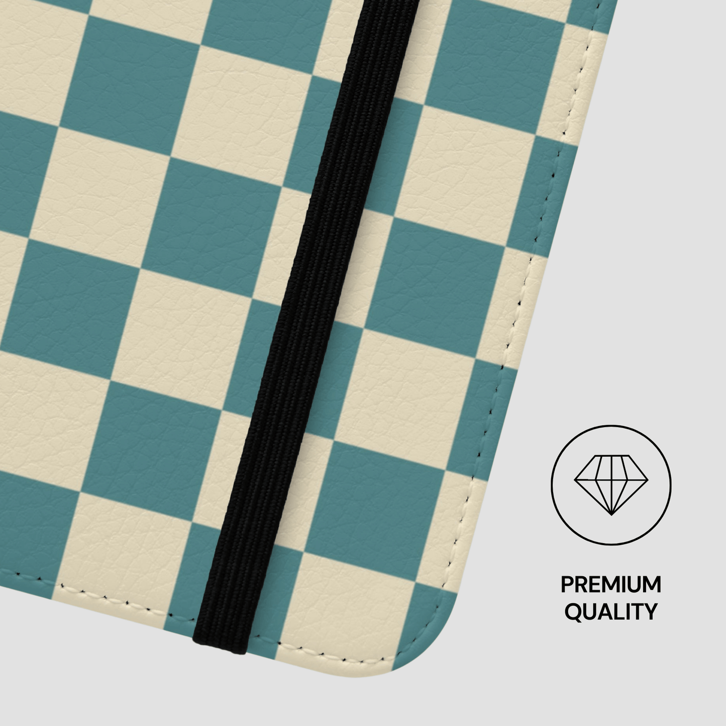 Checkered pattern with a black strip and 'Premium Quality' label on a light gray background