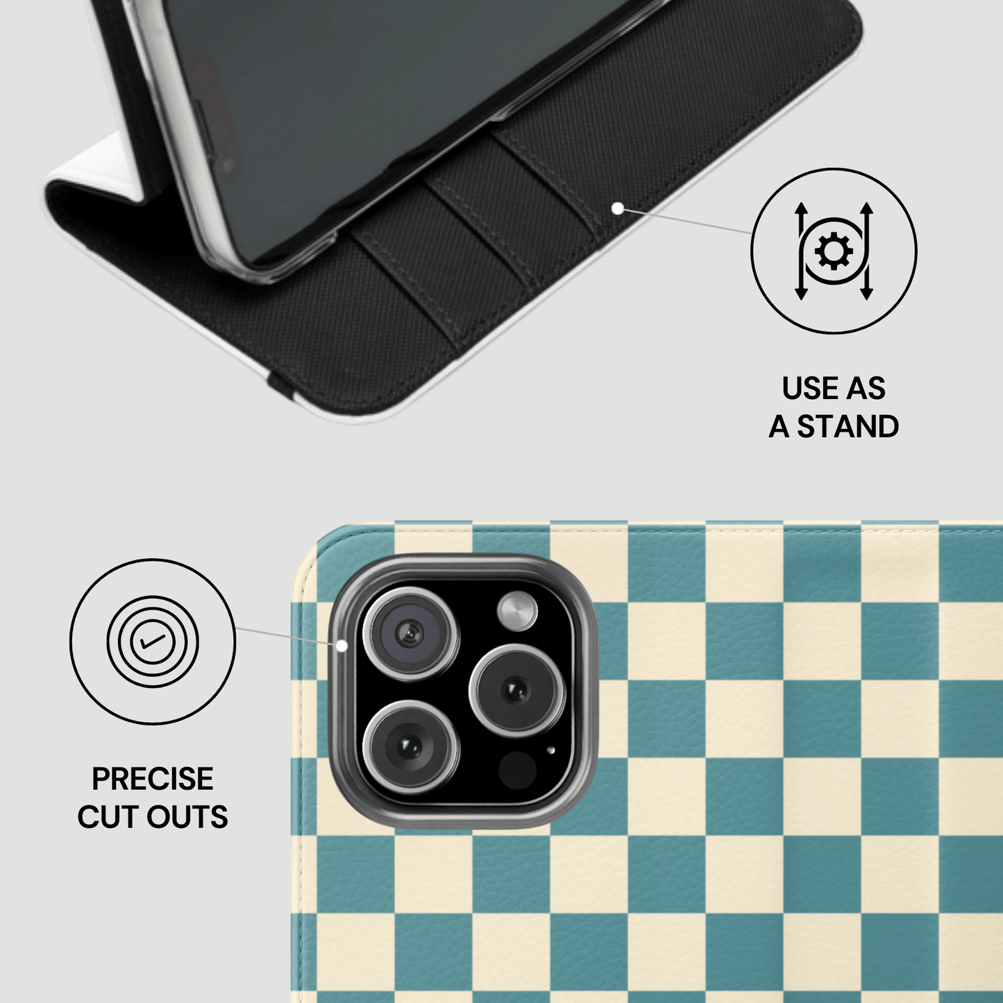 Checkered phone case with stand feature on a light gray background