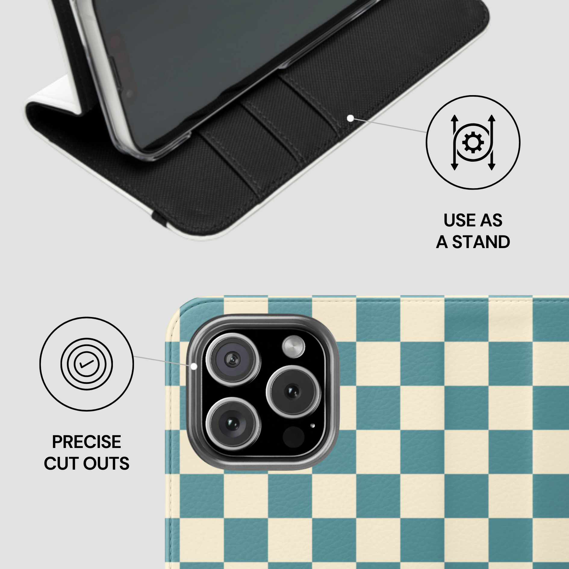 Checkered phone case with stand feature on a light gray background