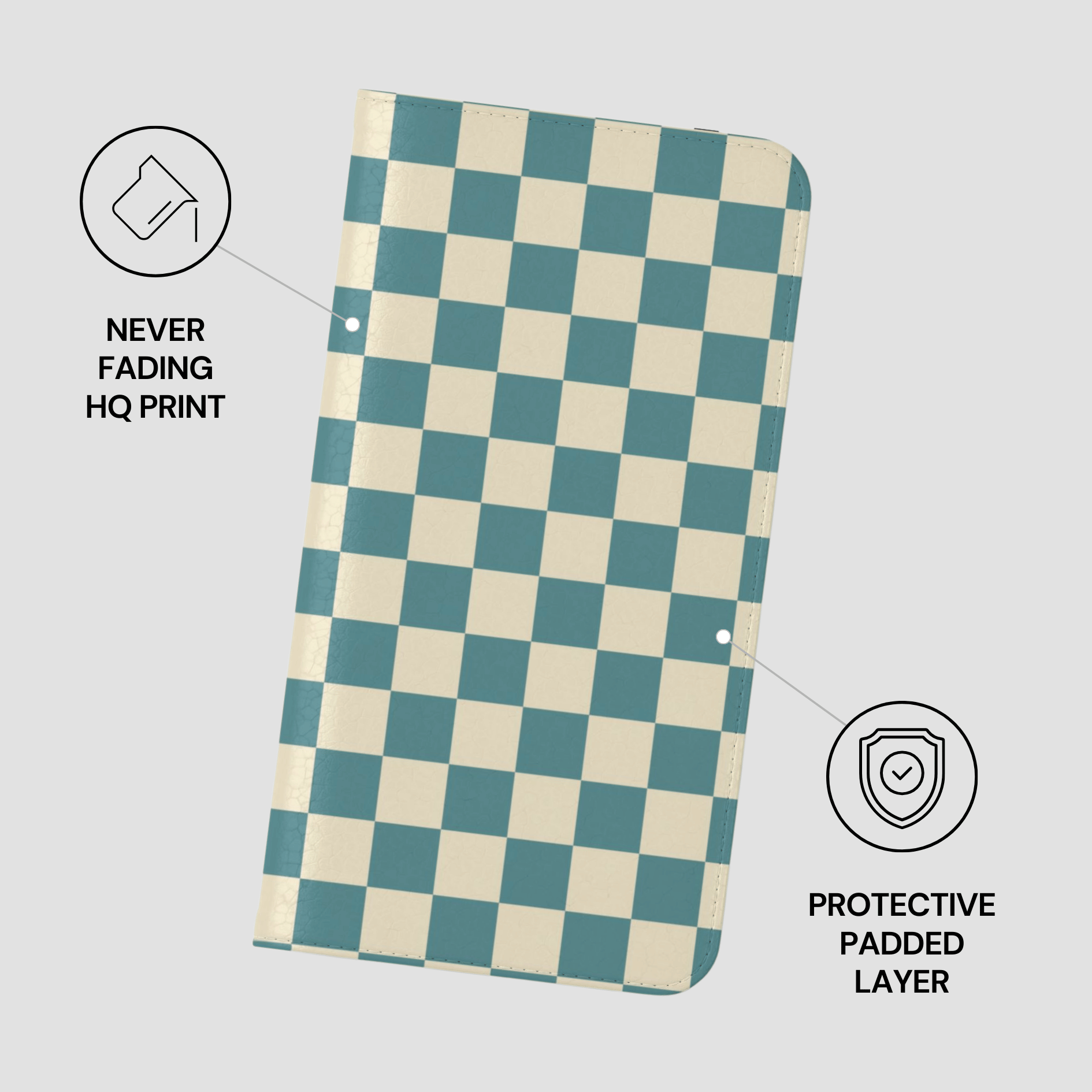 Checkered phone case with green and beige pattern on a gray background