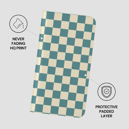 Checkered phone case with green and beige pattern on a gray background