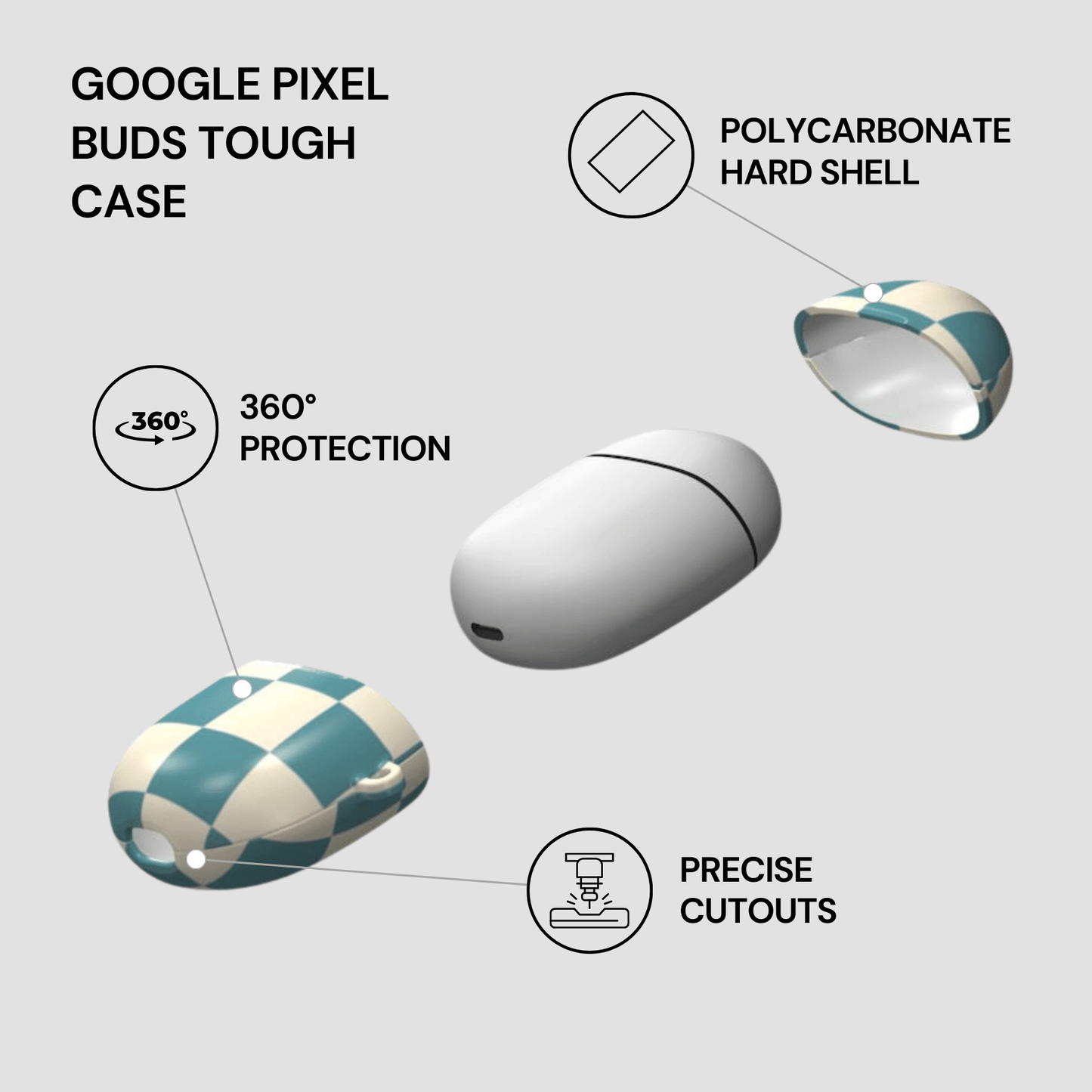 Google Pixel Buds Tough Case with features highlighted on a white background