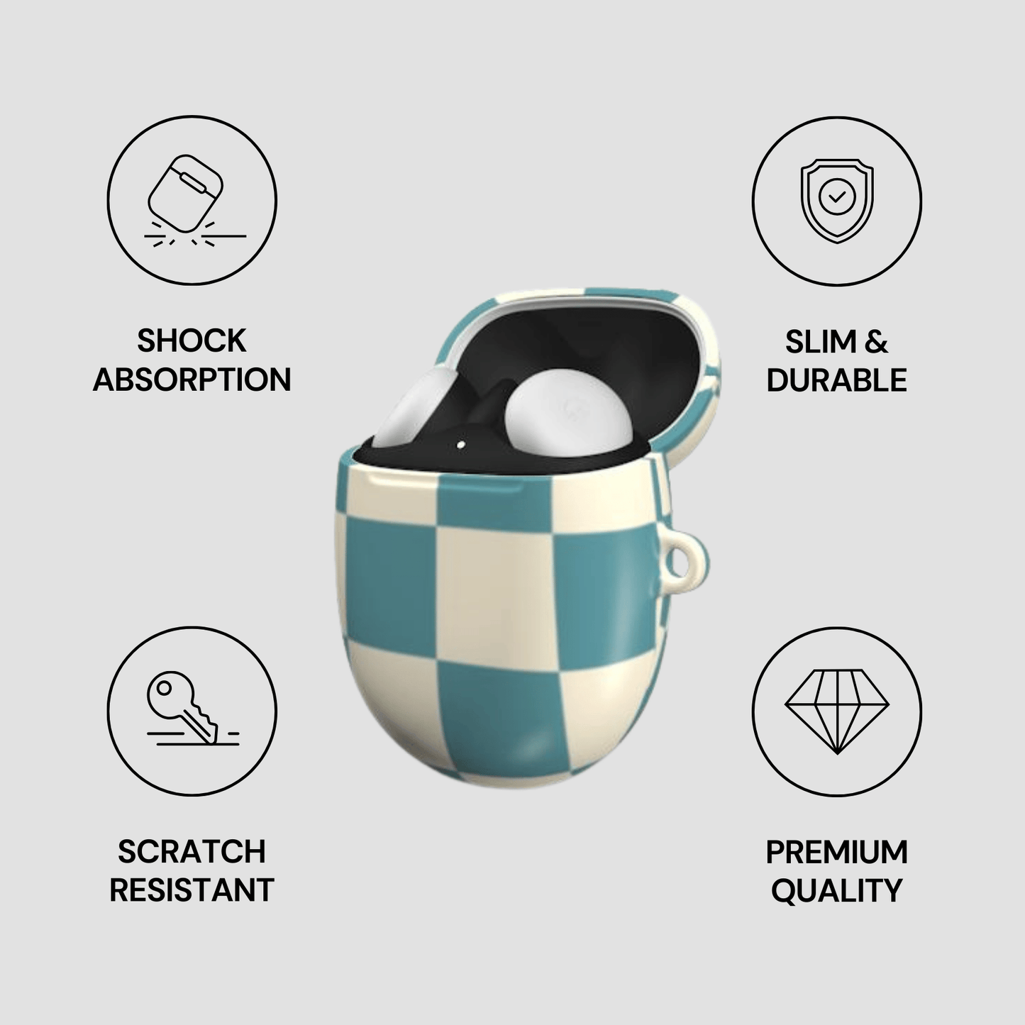 Checkered case with white sphere, surrounded by icons and text on gray background