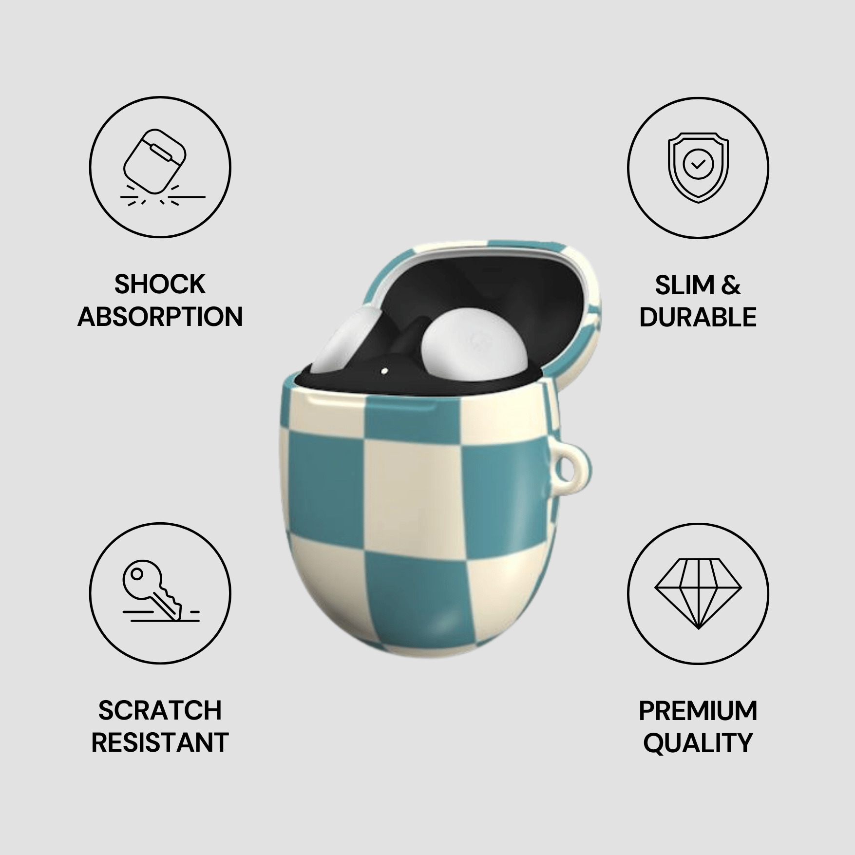 Checkered case with white sphere, surrounded by icons and text on gray background