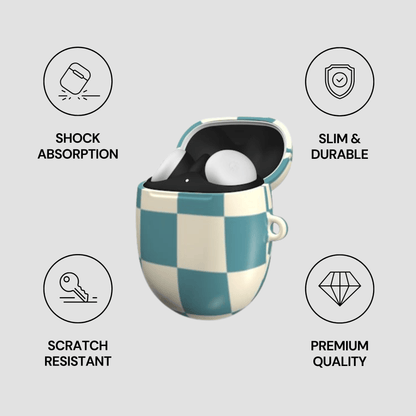 Checkered case with white sphere, surrounded by icons and text on gray background