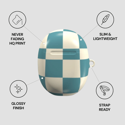 Checkered patterned case with features listed on a light gray background