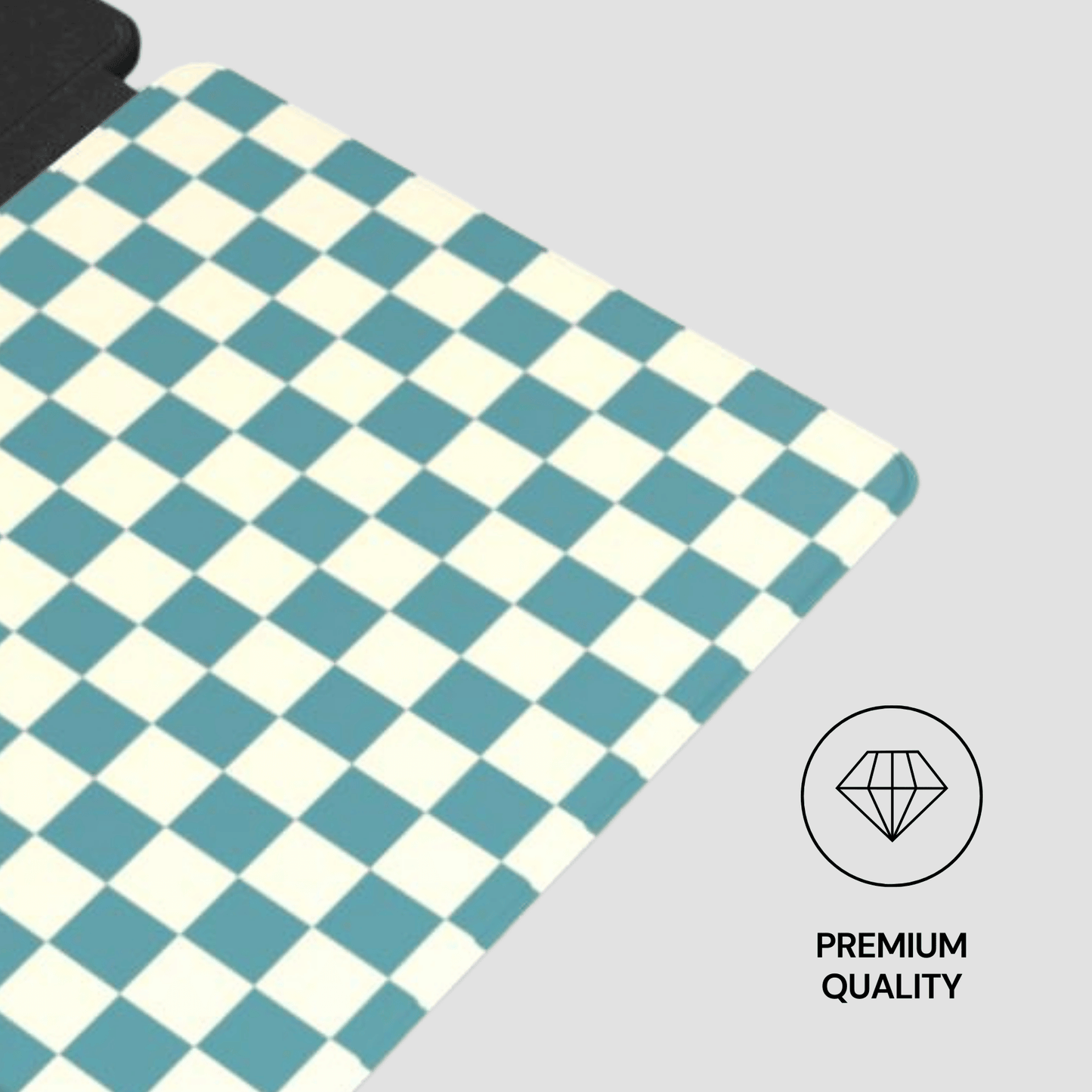 Checkered mat with blue and white pattern on a gray background, featuring a 'Premium Quality' label.