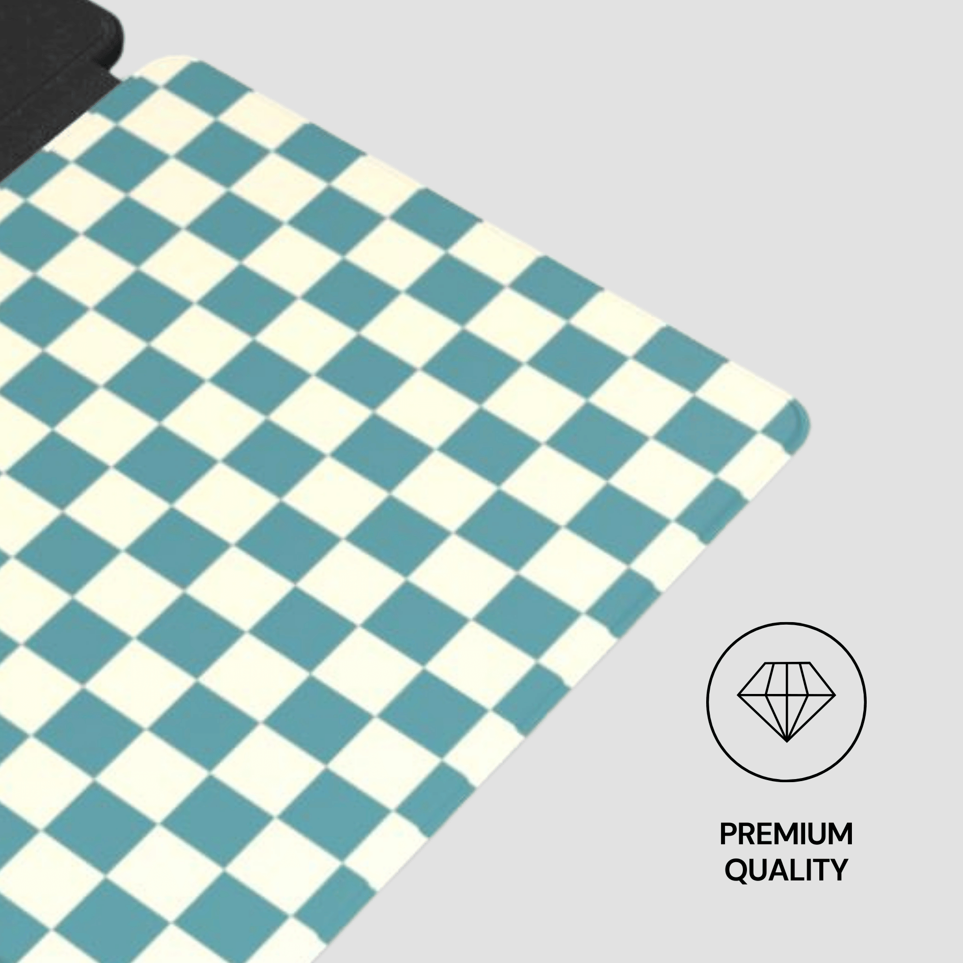 Checkered mat with blue and white pattern on a gray background, featuring a 'Premium Quality' label.