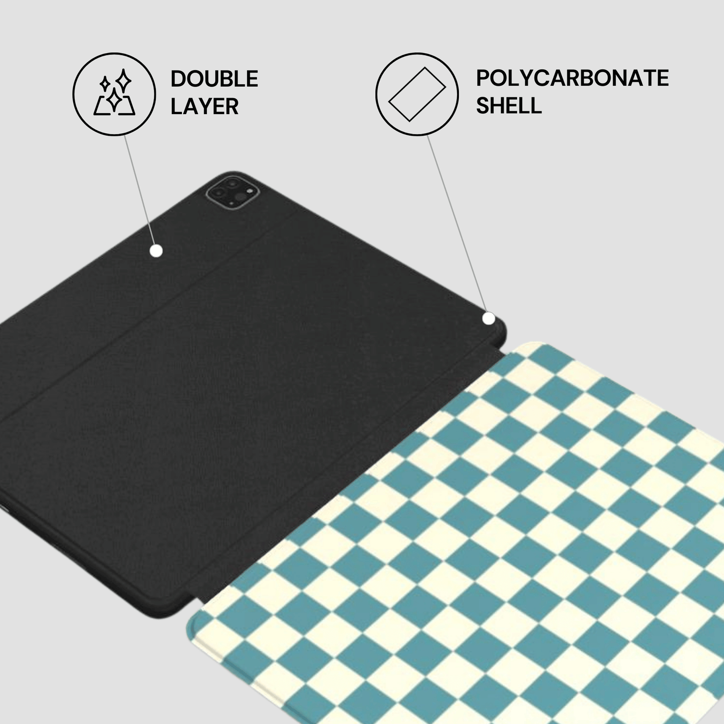 Black tablet case with polycarbonate shell and double layer feature on a checkered background