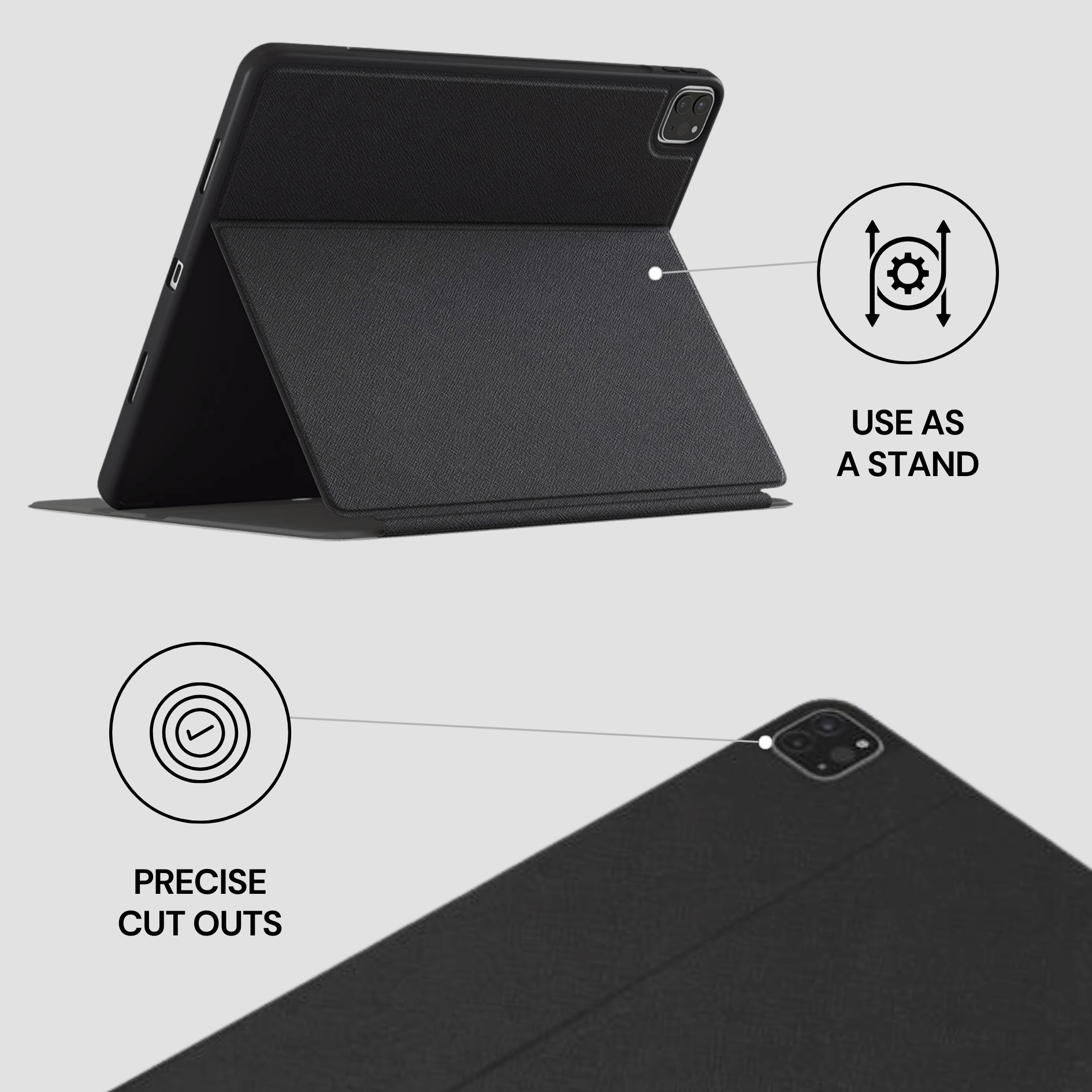 Black tablet case with stand feature on a light gray background