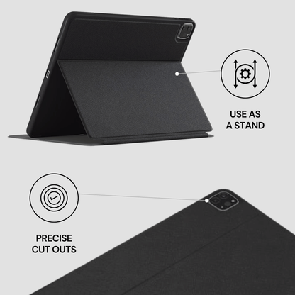 Black tablet case with stand feature on a light gray background