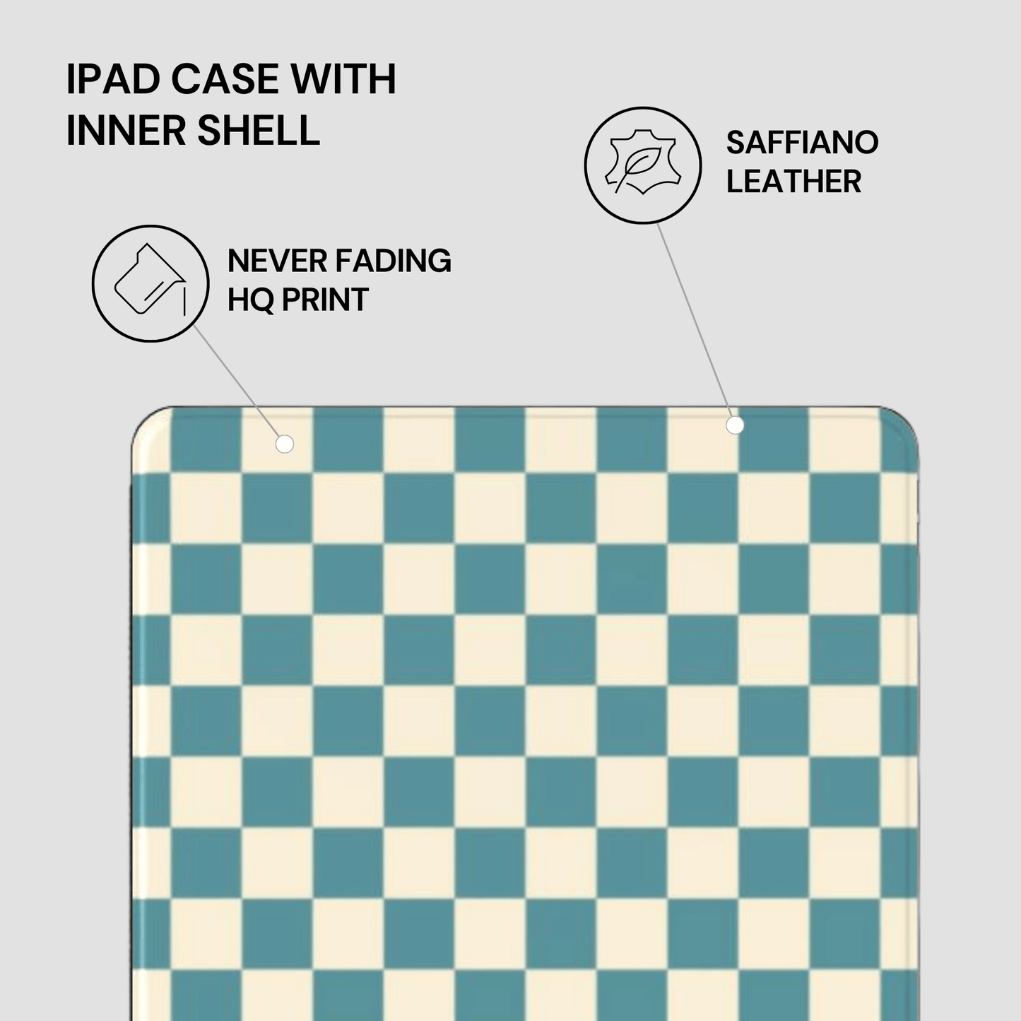 Checkered iPad case with saffiano leather inner shell on a light gray background