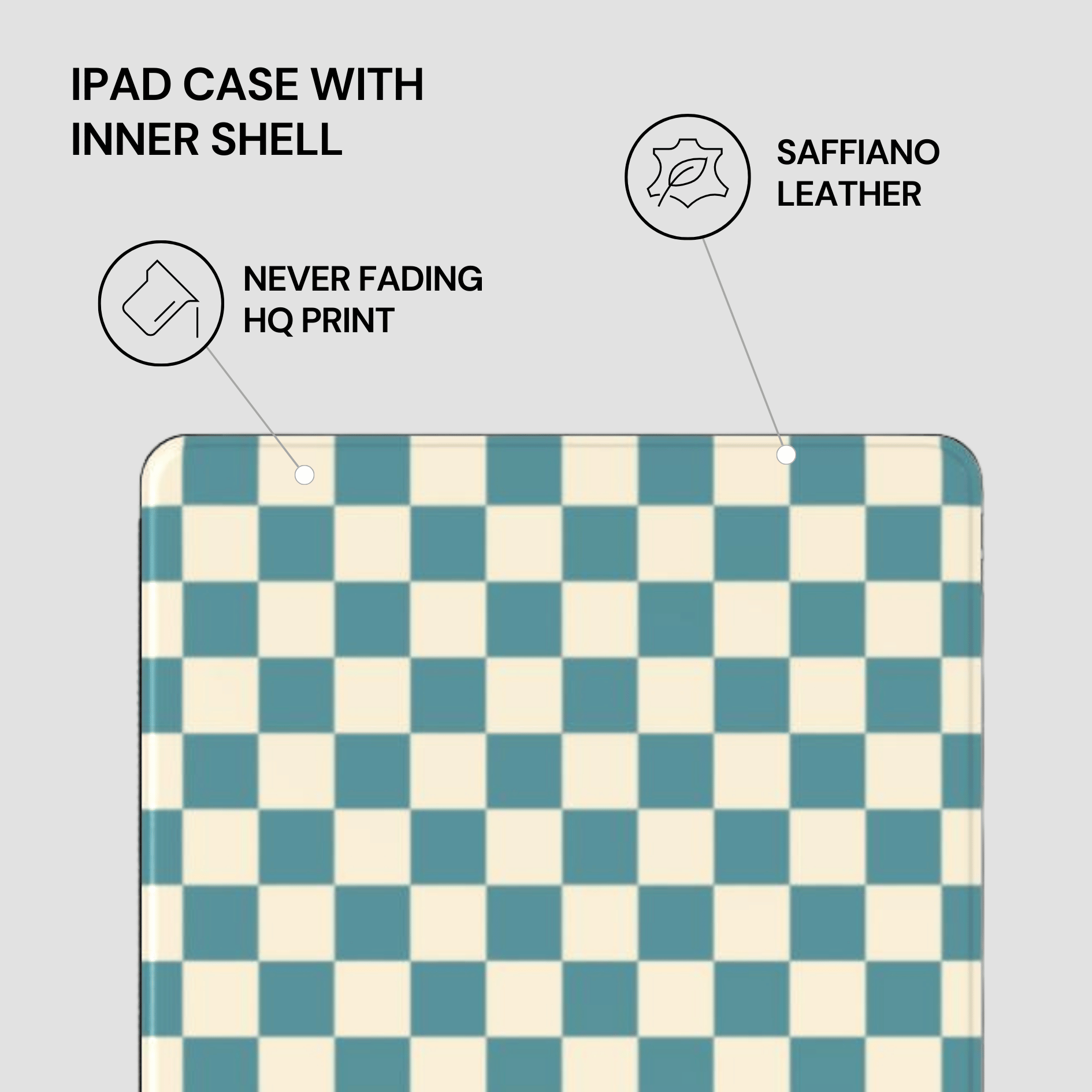 Checkered iPad case with saffiano leather inner shell on a light gray background
