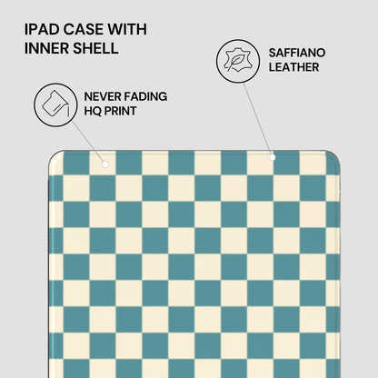 Checkered iPad case with saffiano leather inner shell on a light gray background