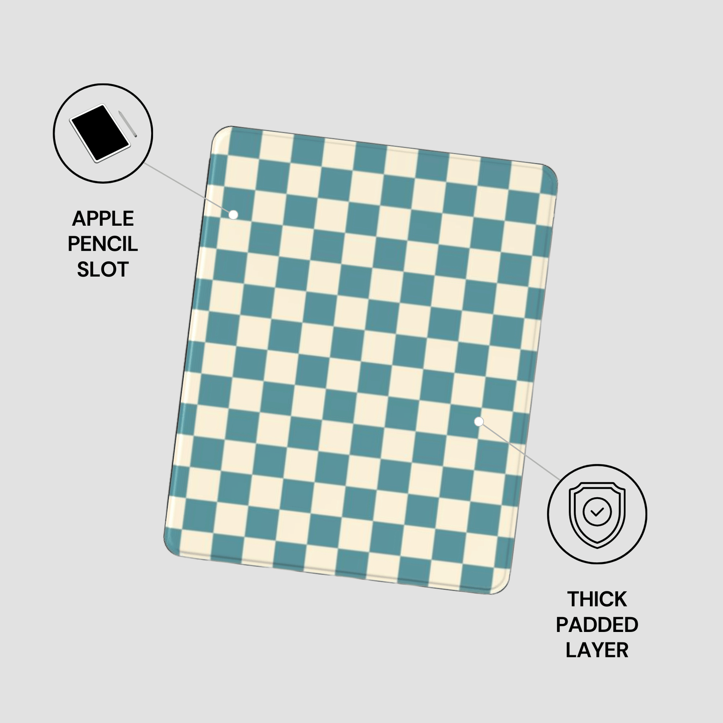 Checkered tablet case with Apple Pencil slot and thick padded layer on a light gray background