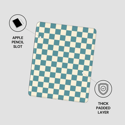 Checkered tablet case with Apple Pencil slot and thick padded layer on a light gray background
