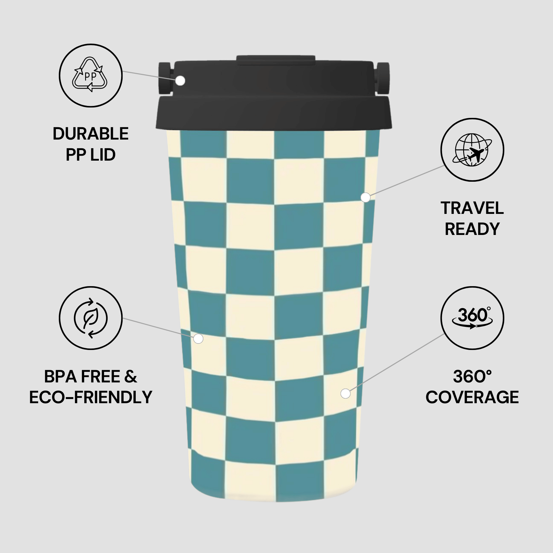 Checkered travel mug with features highlighted on a light gray background