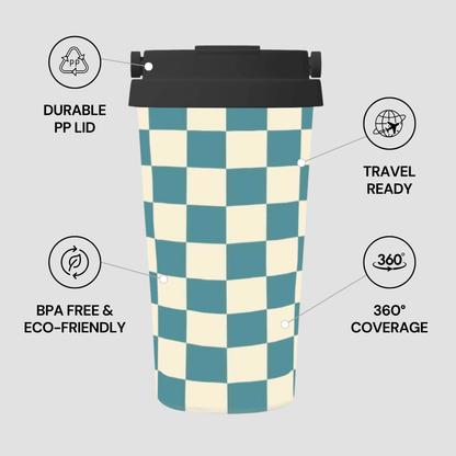 Checkered travel mug with features highlighted on a light gray background
