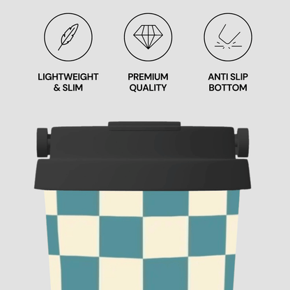 Checkered bag with black handle on a light gray background, featuring icons and text about product features.