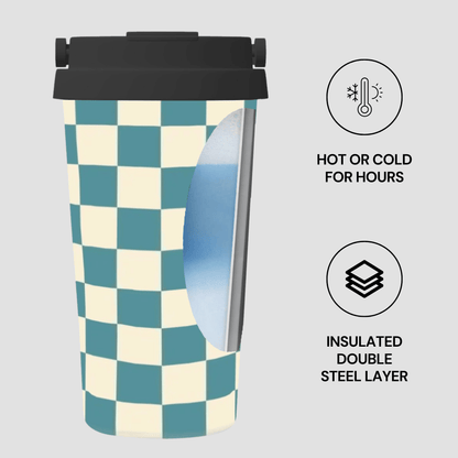 Checkered patterned tumbler with insulated design features on a light gray background