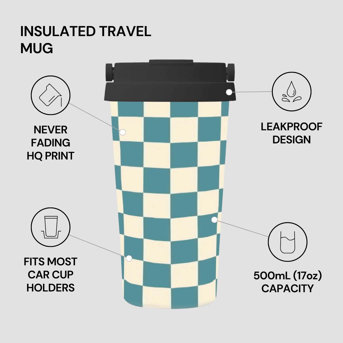 Checkered insulated travel mug with features listed on a gray background