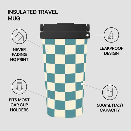 Checkered insulated travel mug with features listed on a gray background