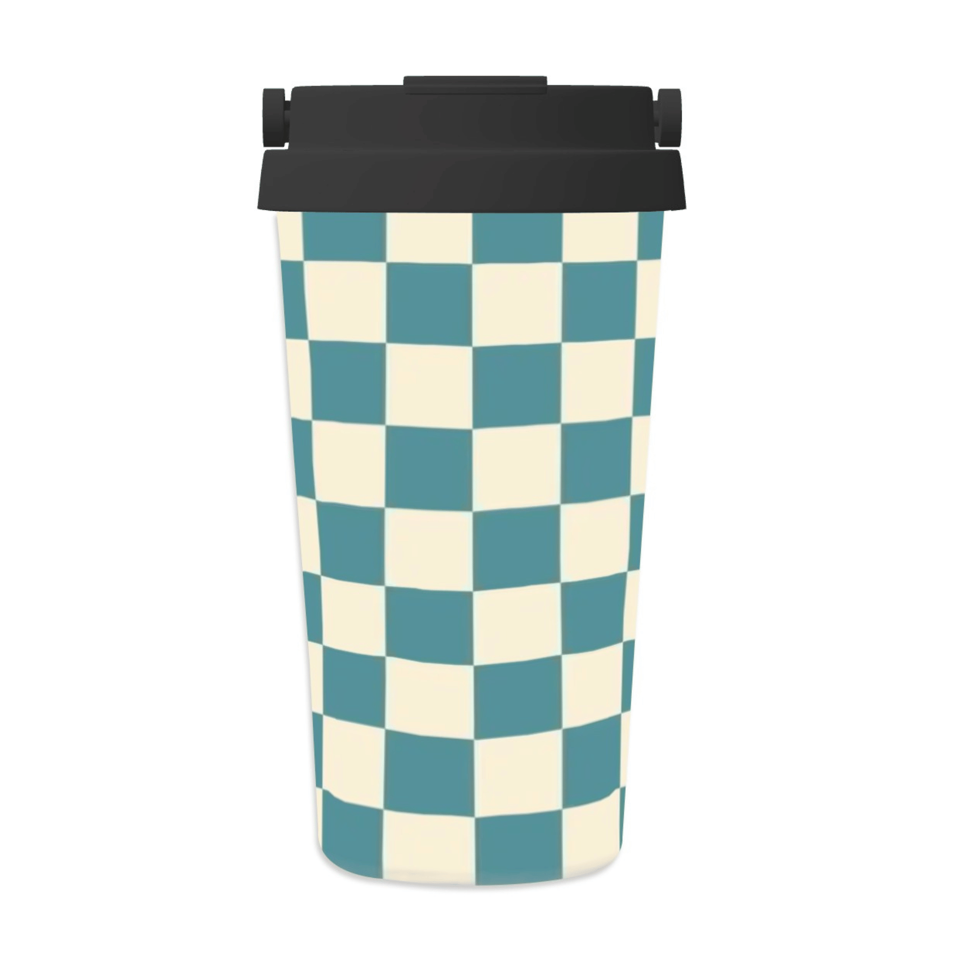 Checkered patterned cup with a black lid on a white background