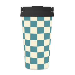 Checkered patterned cup with a black lid on a white background