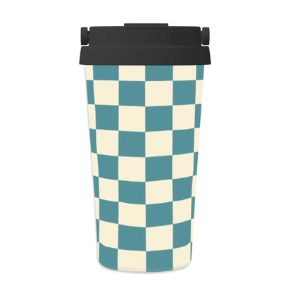 Checkered patterned cup with a black lid on a white background