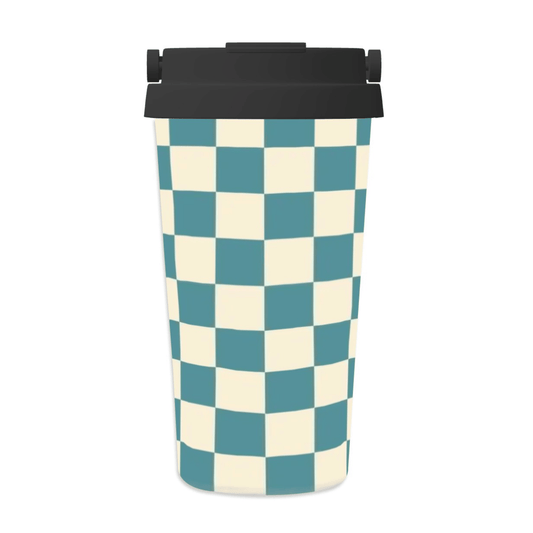 Checkered patterned cup with a black lid on a white background