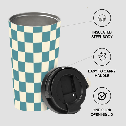 Checkered travel mug with black lid on a light gray background