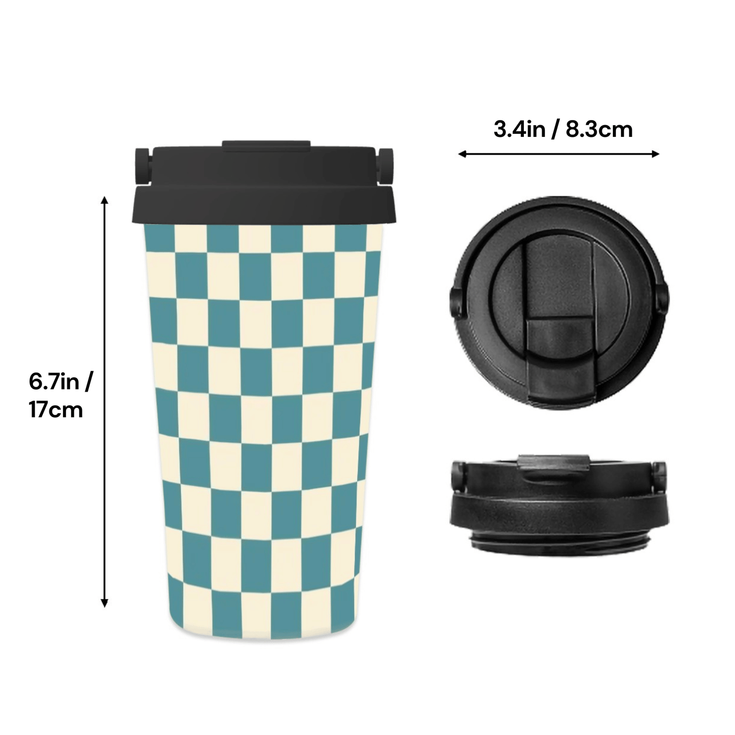 Checkered travel mug with black lid, measurements indicated