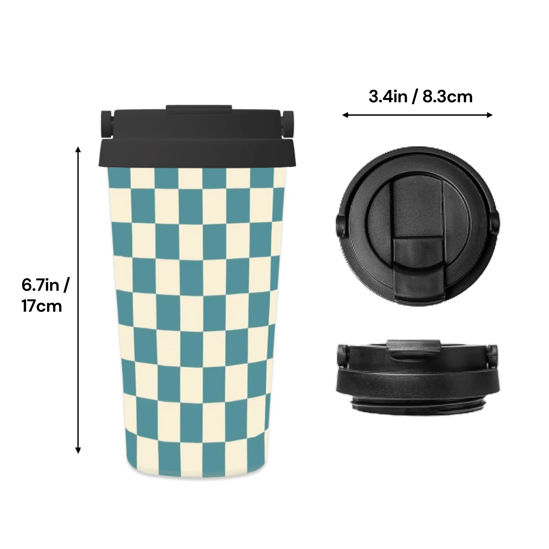 Checkered travel mug with black lid, measurements indicated