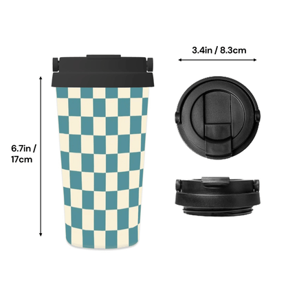 Checkered travel mug with black lid, measurements indicated