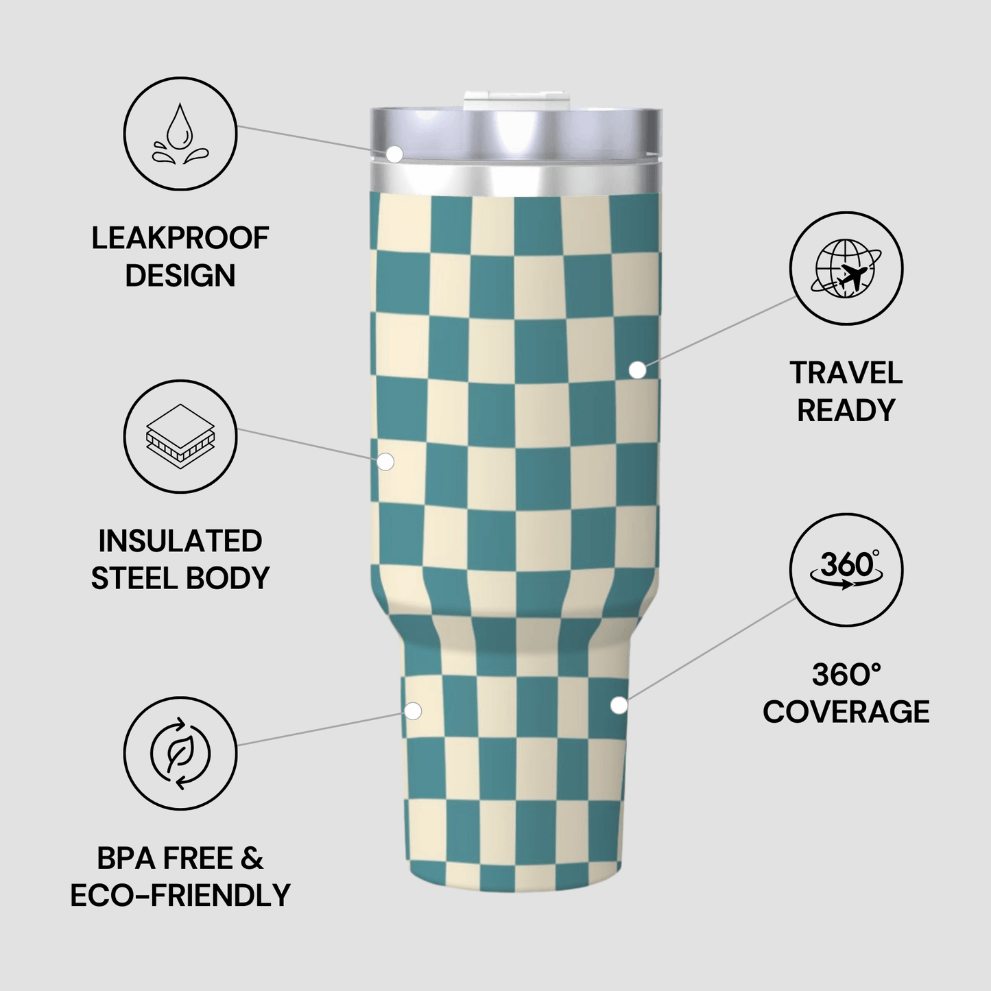 Checkered tumbler with features highlighted on a gray background