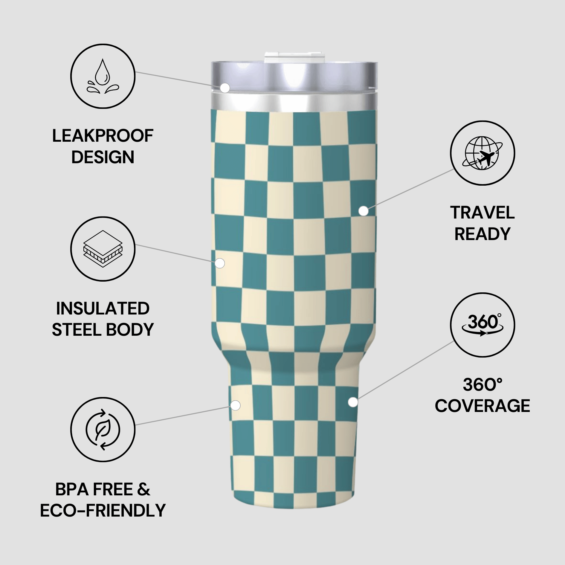 Checkered tumbler with features highlighted on a gray background