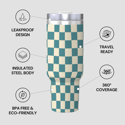 Checkered tumbler with features highlighted on a gray background
