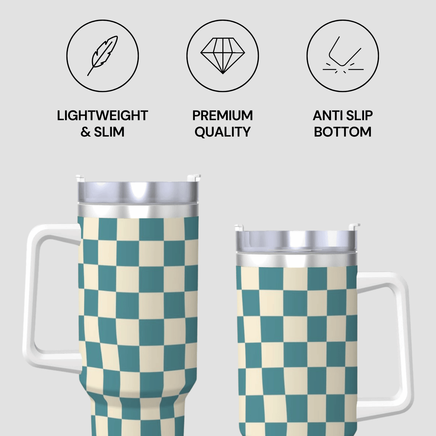 Two checkered tumblers with icons and text describing features on a light gray background