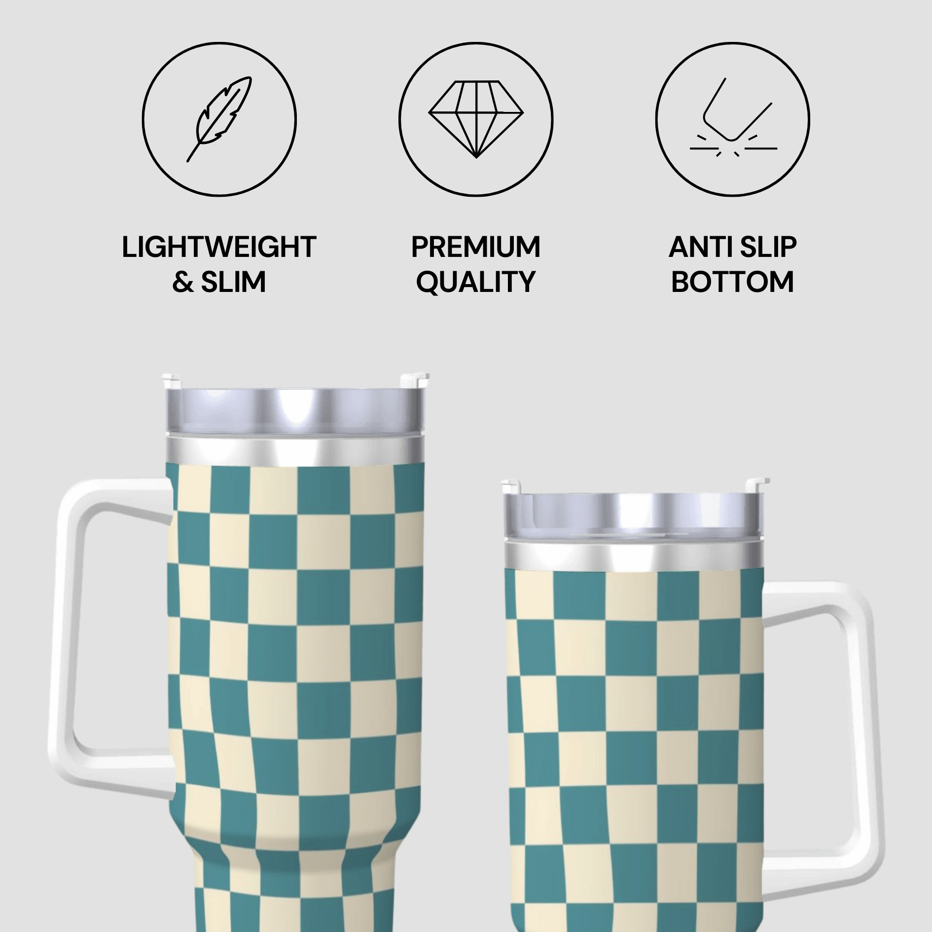 Two checkered tumblers with icons and text describing features on a light gray background
