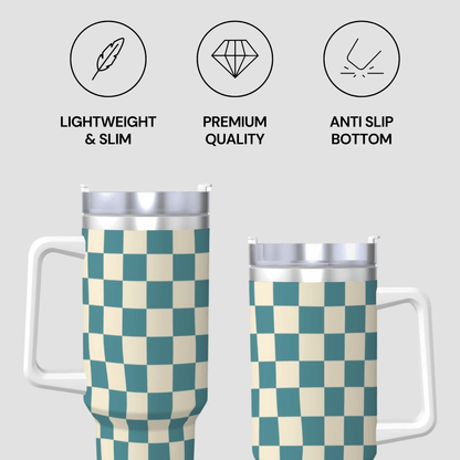 Two checkered tumblers with icons and text describing features on a light gray background