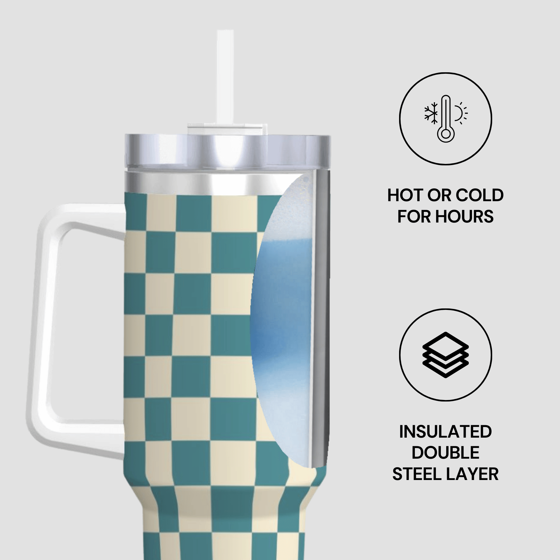 Checkered tumbler with insulated design features on a light gray background