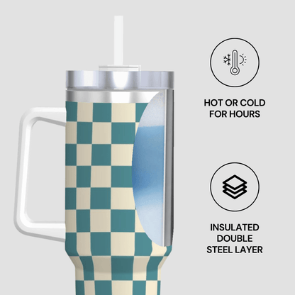 Checkered tumbler with insulated design features on a light gray background