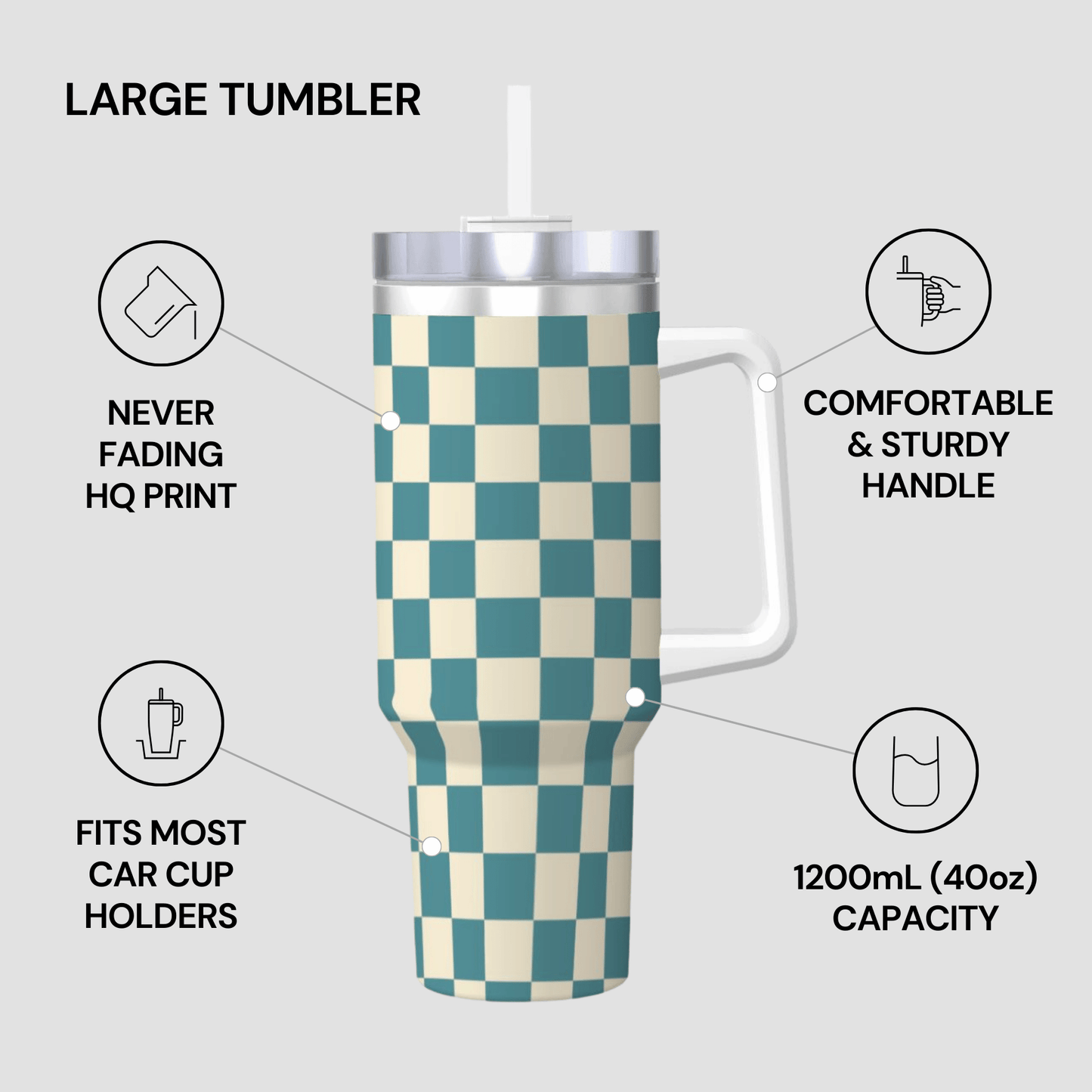 Large tumbler with checkered pattern on a gray background, featuring text about its features.
