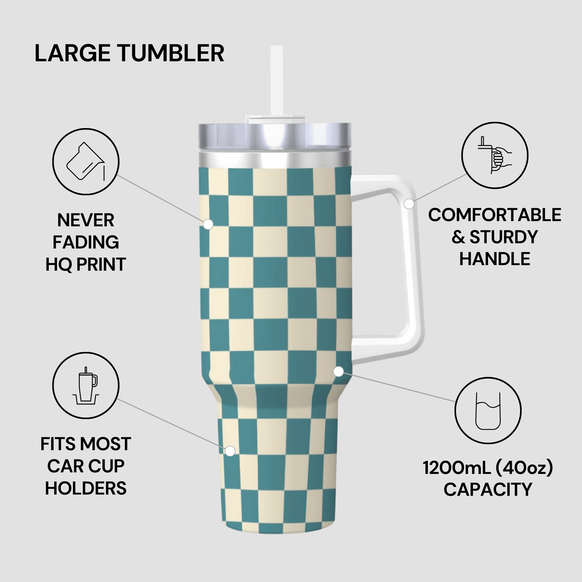 Large tumbler with checkered pattern on a gray background, featuring text about its features.