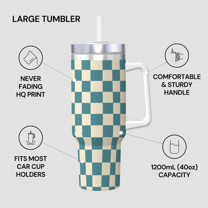 Large tumbler with checkered pattern on a gray background, featuring text about its features.