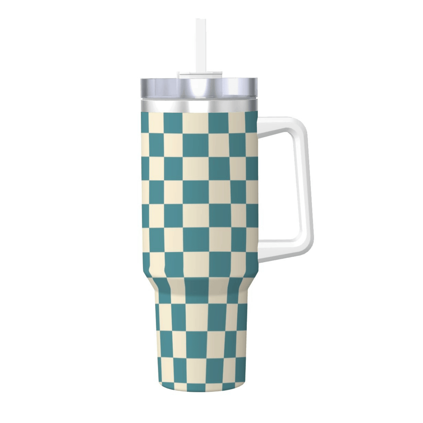 Checkered patterned tumbler with handle on a white background