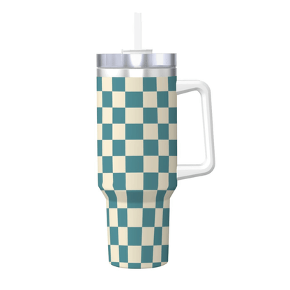 Checkered patterned tumbler with handle on a white background
